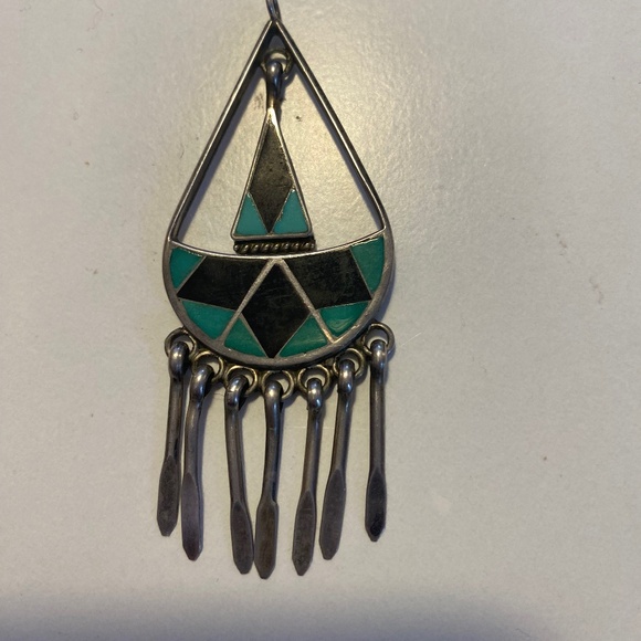 Zuni Turquoise Onyx Inlay Silver Pendant Signed Ricky Lateyice - Picture 1 of 5